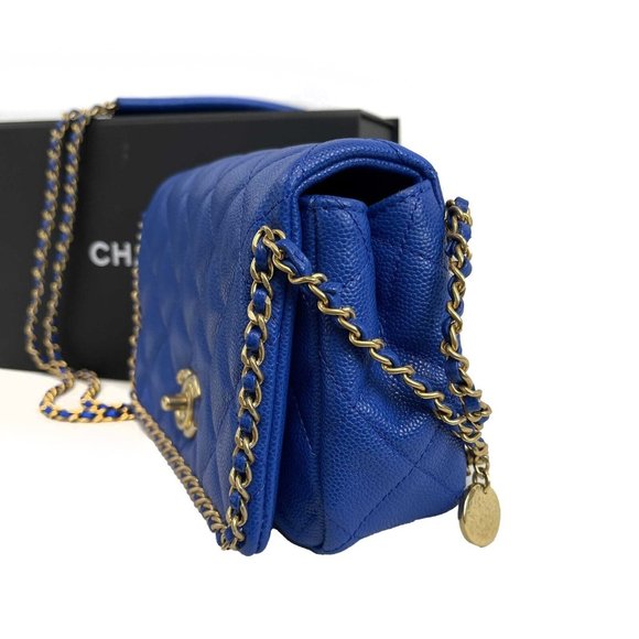 Chanel Mini Chain Around Multi Chain Full Flap Bag Quilted Caviar 22B Blue - Picture 10 of 16